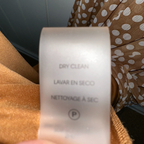 Calvin Klein Dress 14 Tan White Polka Dot Chiffon V-Neck Faux Wrap Lined Dress - Picture 11 of 12